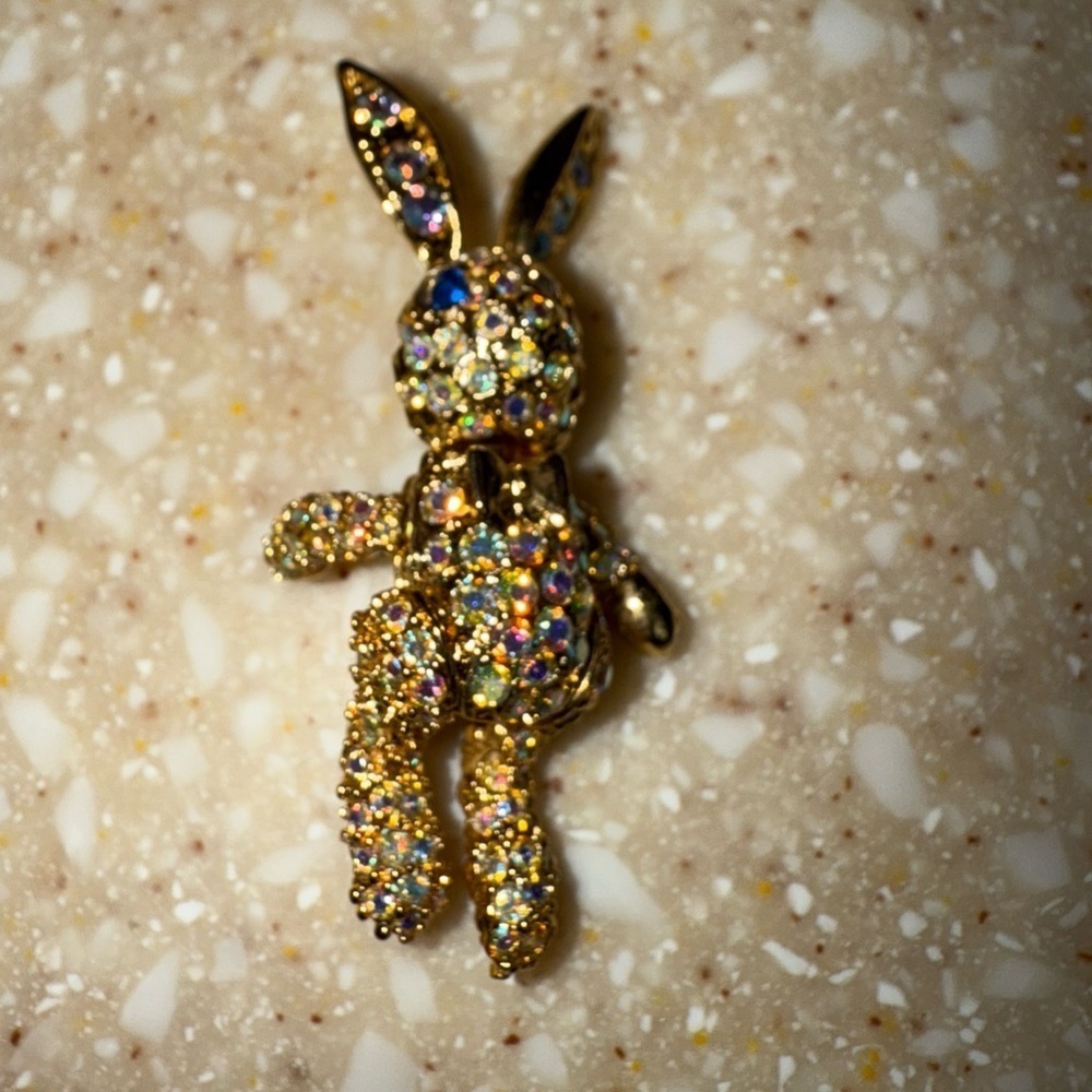 Sparkling Gold Bunny Brooch with moving arms and legs